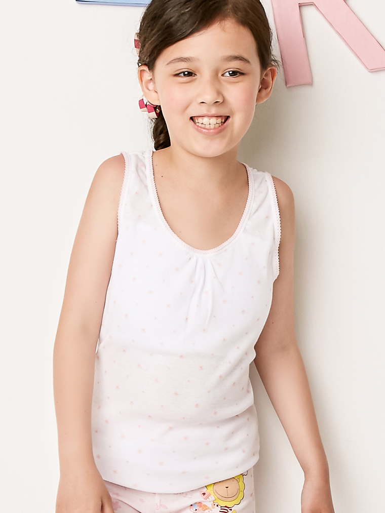 甜美碎花。寬肩長版女童胸衣